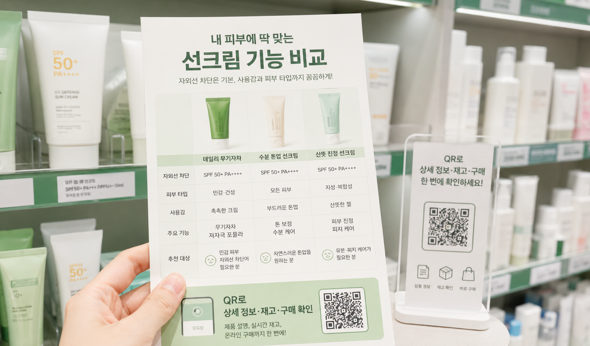 킨코스 B2B 마케팅 굿즈 실물 제작 시안 - STEP 2. 선택을 돕는 구매 동선: 비교 카드 & QR 연계 콘텐츠