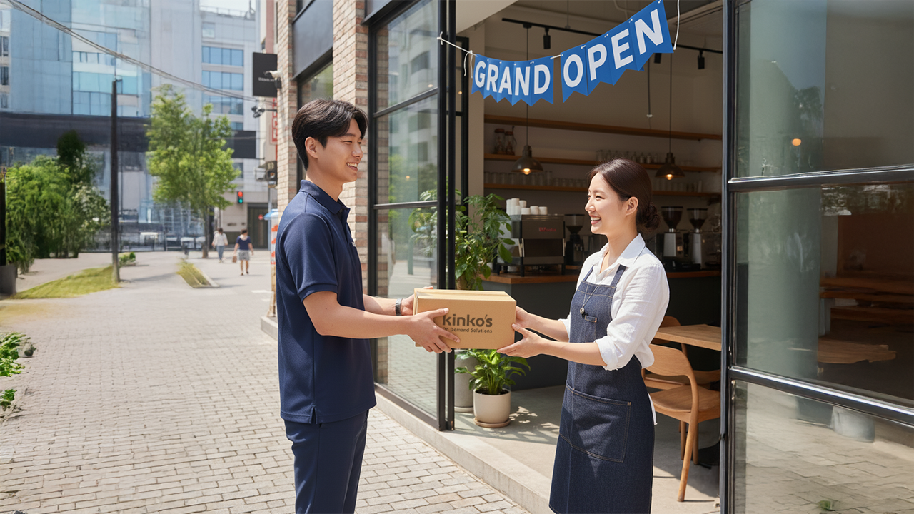 오픈 행사 당일 부족한 POP의 긴급 제작 및 퀵 서비스를 통한 킨코스 당일 배송 완료 현장