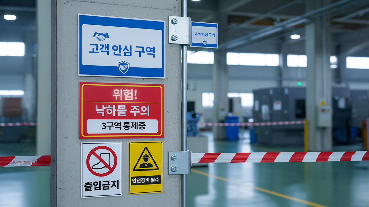 산업안전보건법 규격을 준수한 킨코스 건설 현장 낙하물 주의 및 출입금지 안전 표지판 스티커